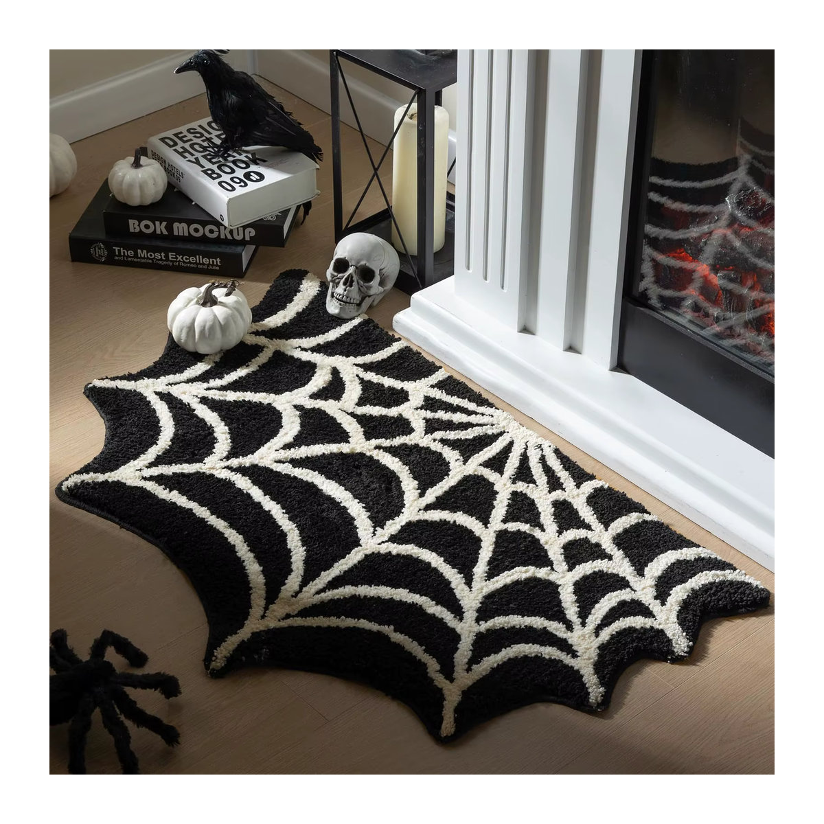 Schwarzer Halloween Spinnennetz Teppich als gruseliges Tufting Badezimmer Dekor und Fußmatte im gotischen Stil - Bild 4