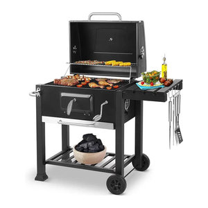 Schwarzer Holzkohlegrill aus Metall mit Klapptisch und Griff für Garten und Terrasse