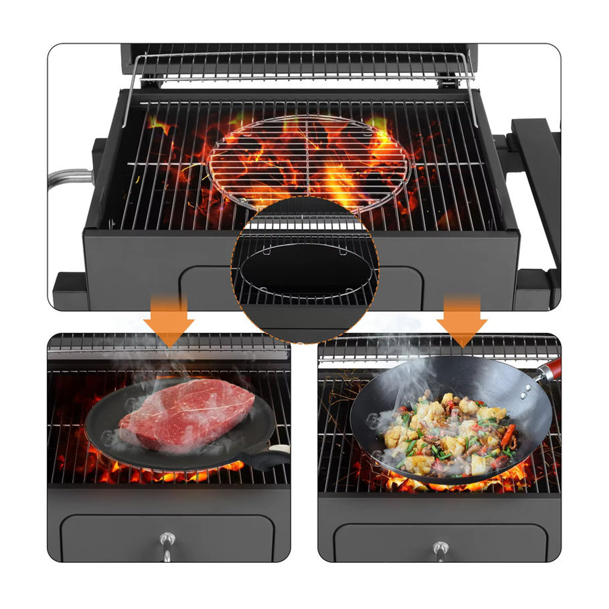 Schwarzer Holzkohlegrill aus Metall mit Klapptisch und Griff für Garten und Terrasse - Bild 2