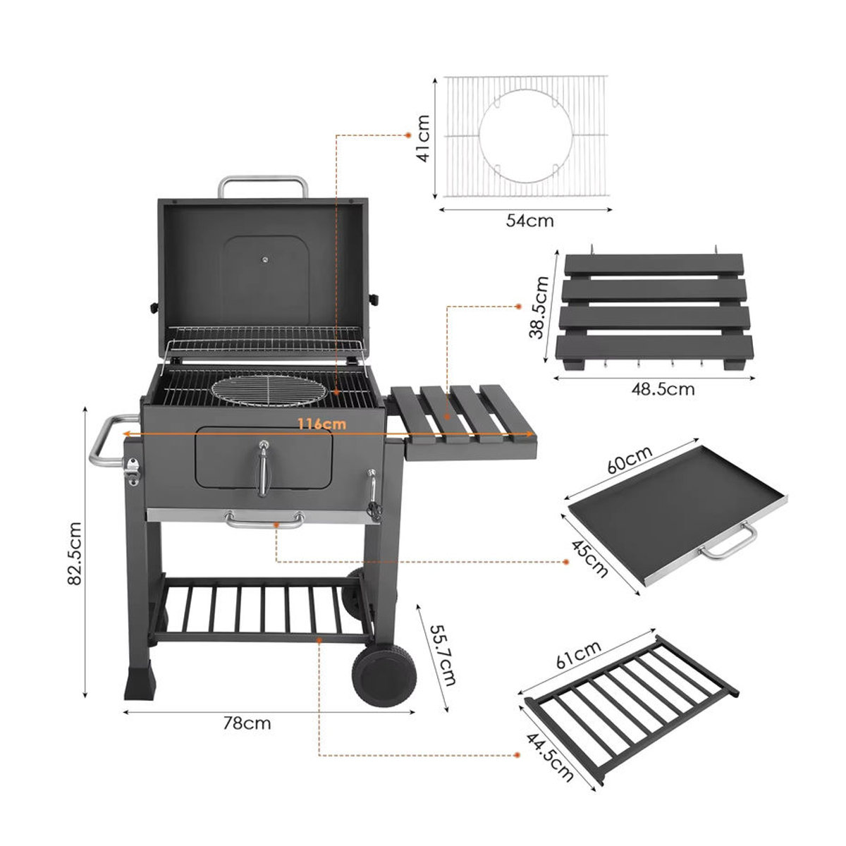 Schwarzer Holzkohlegrill aus Metall mit Klapptisch und Griff für Garten und Terrasse - Bild 3
