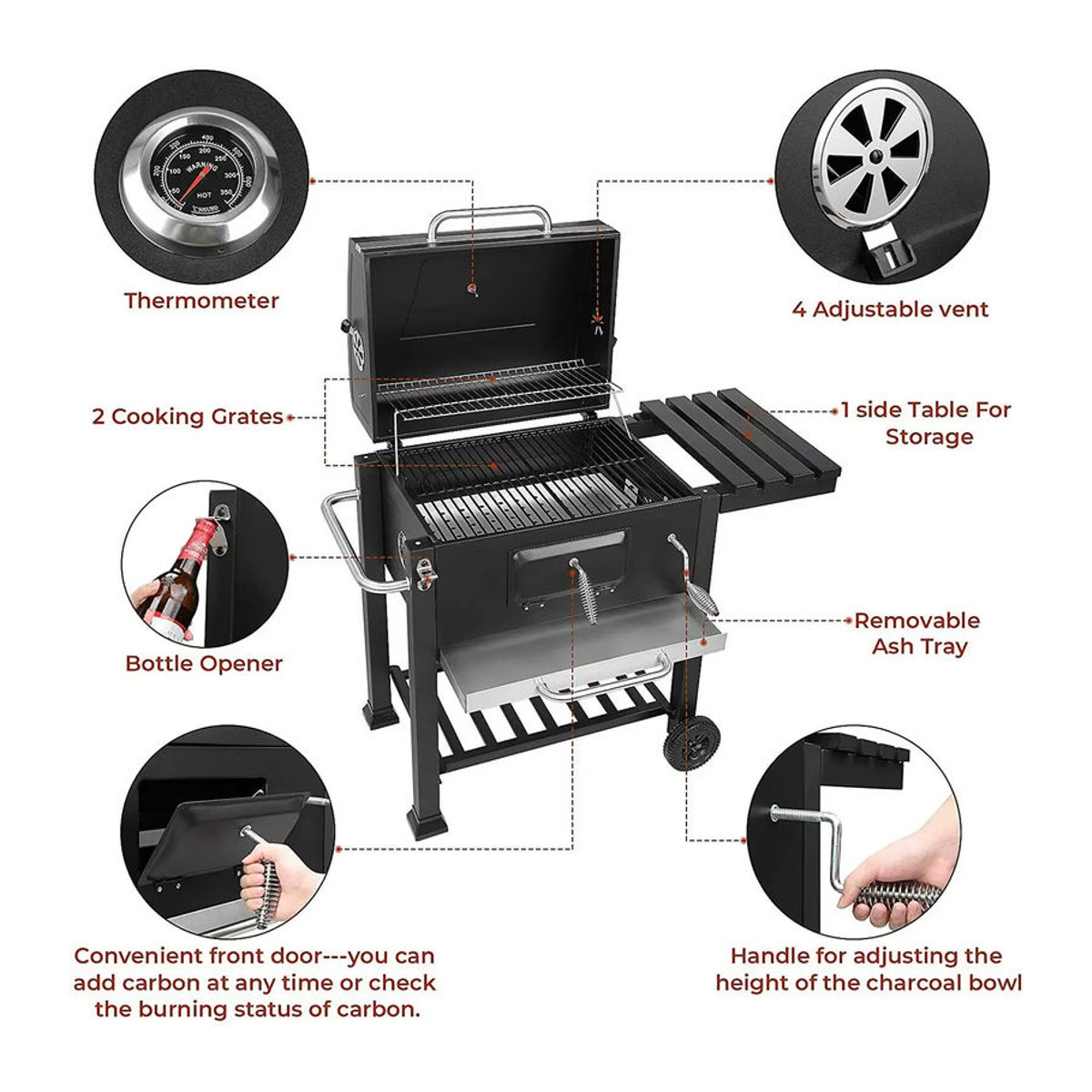 Schwarzer Holzkohlegrill aus Metall mit Klapptisch und Griff für Garten und Terrasse - Bild 4