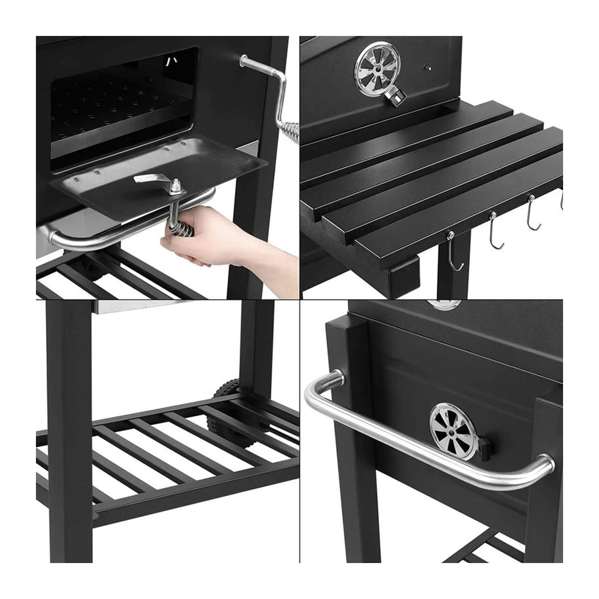 Schwarzer Holzkohlegrill aus Metall mit Klapptisch und Griff für Garten und Terrasse - Bild 5