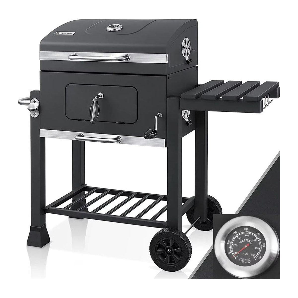 Schwarzer Holzkohlegrill aus Metall mit Klapptisch und Griff für Garten und Terrasse - Bild 6