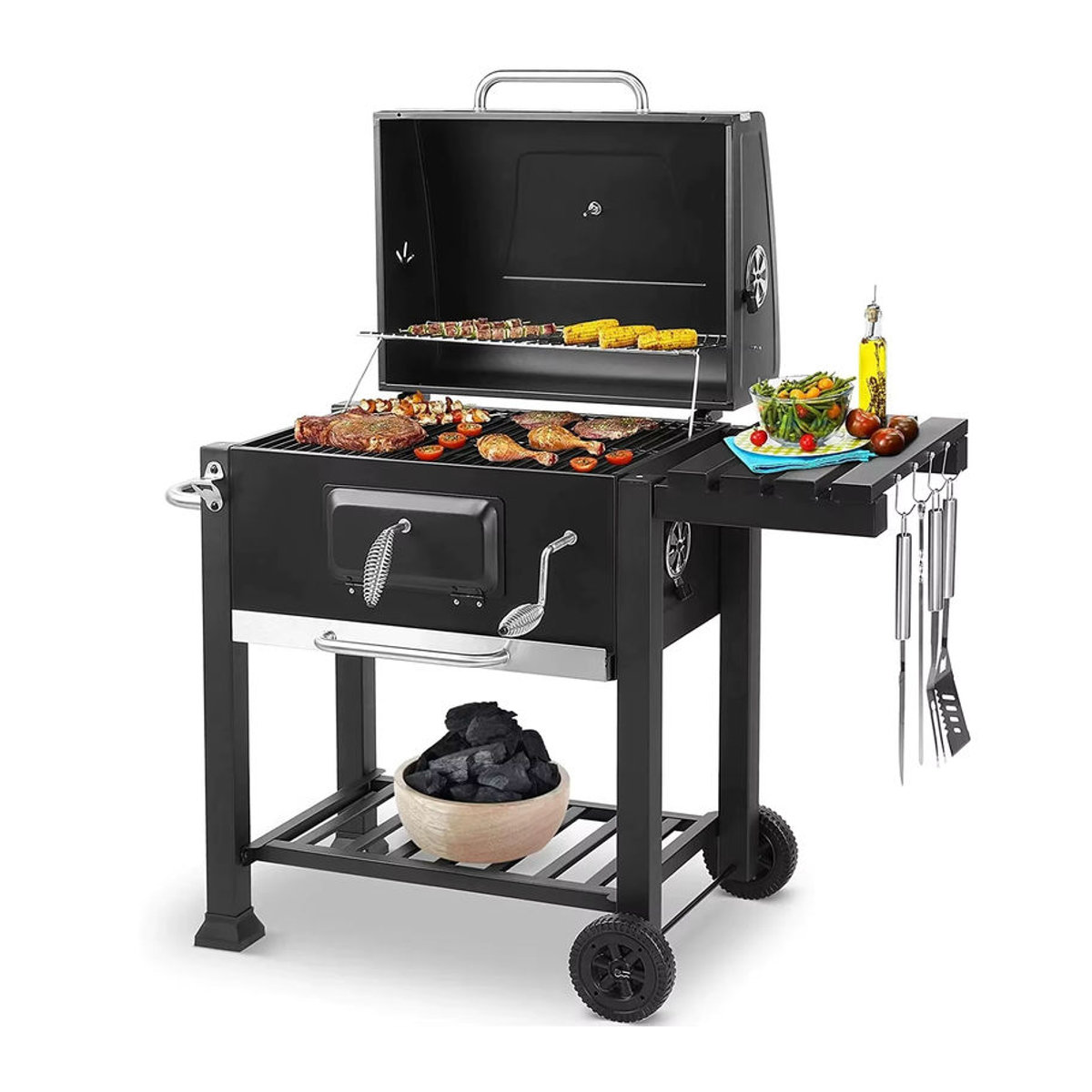 Schwarzer Holzkohlegrill aus Metall mit Klapptisch und Griff für Garten und Terrasse - Bild 7