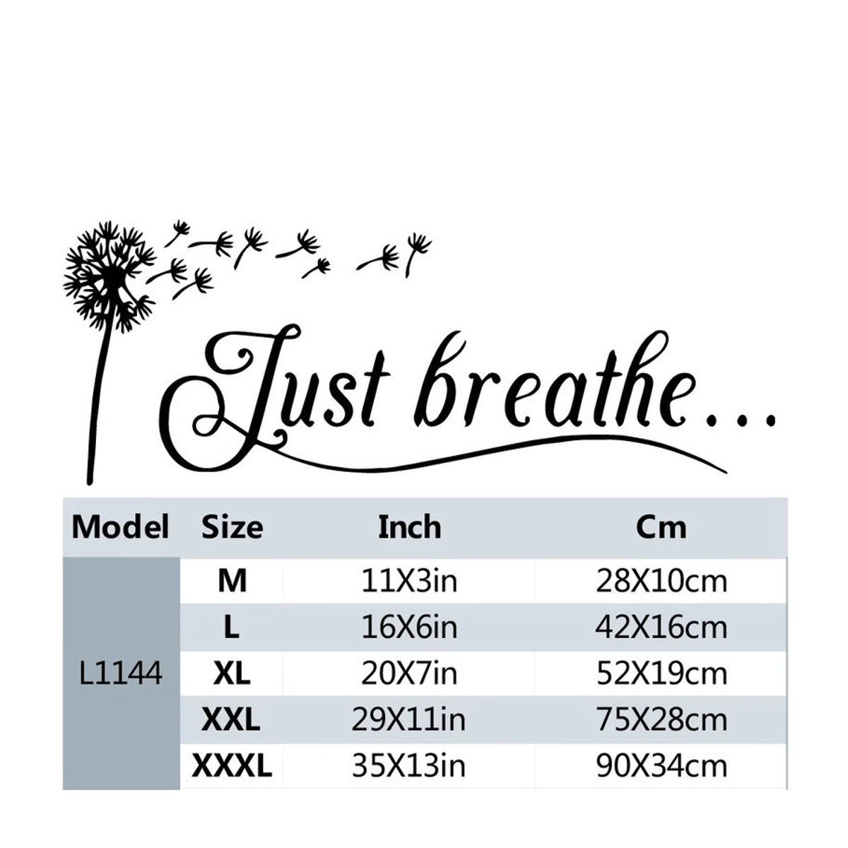 Schwarzer PVC-Wandaufkleber mit Löwenzahn und Just Breathe Slogan als minimalistische Wanddekoration - Bild 3