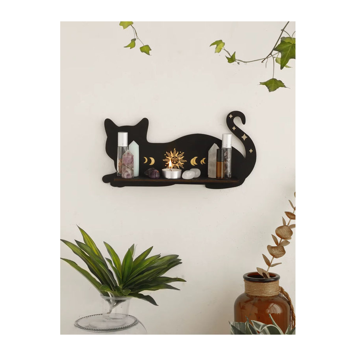 Schwarzes Holzregal mit Mondphasen und Katze als Wanddekoration für Kristallhalter und Steine im Bohemian Stil - Bild 2