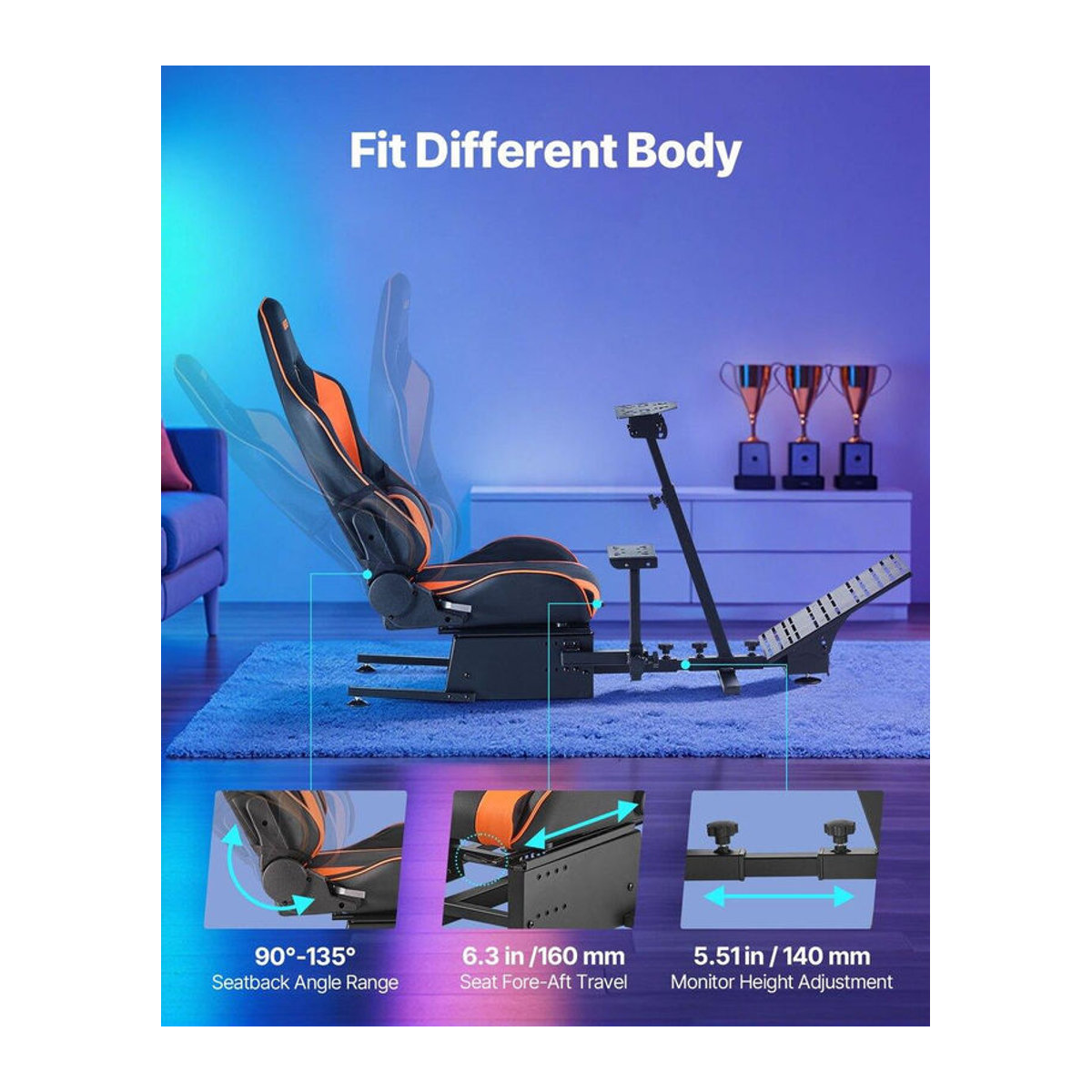 Schwerlast Rennlenkradständer Simulator Cockpit von Buying Solutions, MB in Schwarz aus Stahl mit Kunstleder und Stoff, kompatibel mit Logitech G25, G27, G29, G920, G923 sowie Thrustmaster T300RS, TX F458 und T500RS - Bild 2