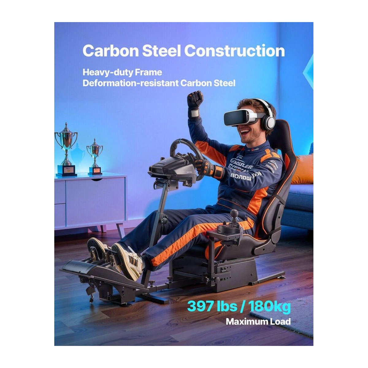 Schwerlast Rennlenkradständer Simulator Cockpit von Buying Solutions, MB in Schwarz aus Stahl mit Kunstleder und Stoff, kompatibel mit Logitech G25, G27, G29, G920, G923 sowie Thrustmaster T300RS, TX F458 und T500RS - Bild 7