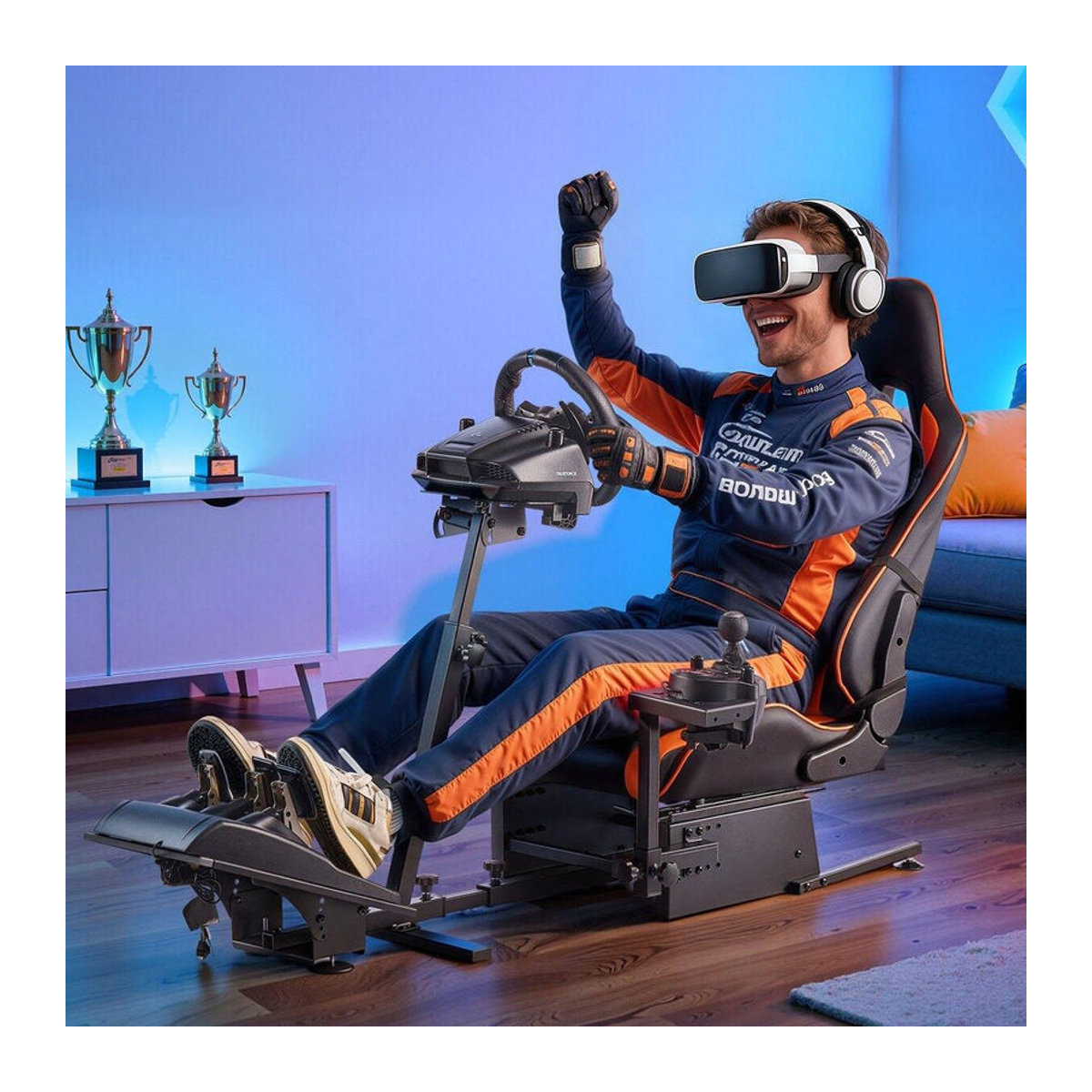 Schwerlast Rennlenkradständer Simulator Cockpit von Buying Solutions, MB in Schwarz aus Stahl mit Kunstleder und Stoff, kompatibel mit Logitech G25, G27, G29, G920, G923 sowie Thrustmaster T300RS, TX F458 und T500RS - Bild 8