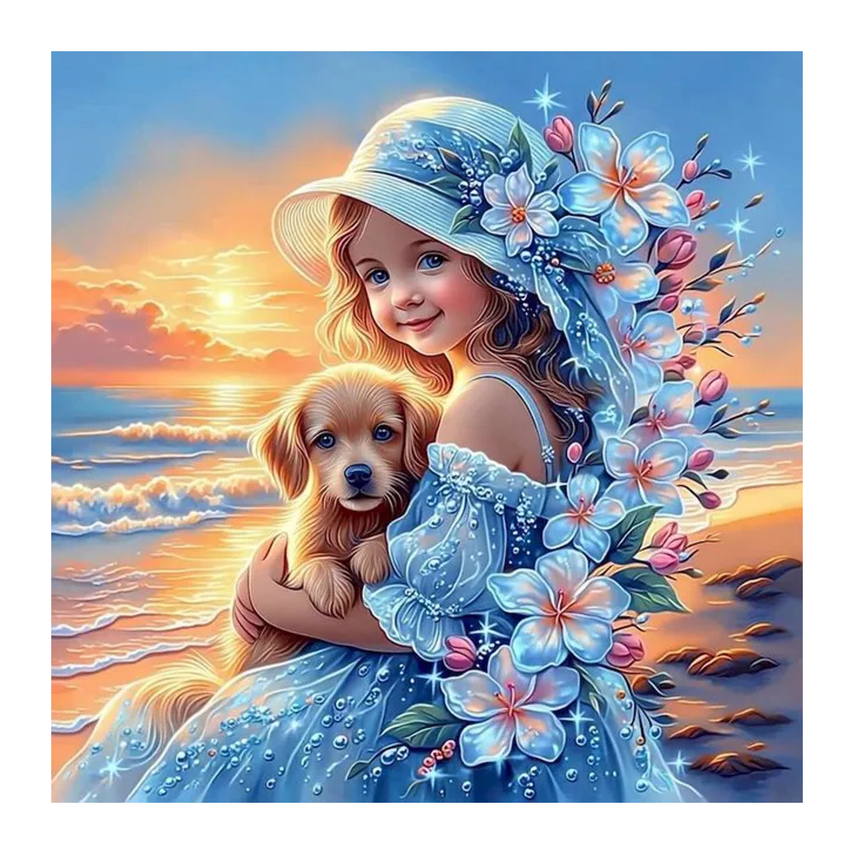 SDOYUNO 5D Diamantgemälde Set Strandmädchen mit Welpe und Blumen, Mehrfarbiges Strass-Mosaik zum Selbermachen für Kinder und Heimdekoration - Bild 1