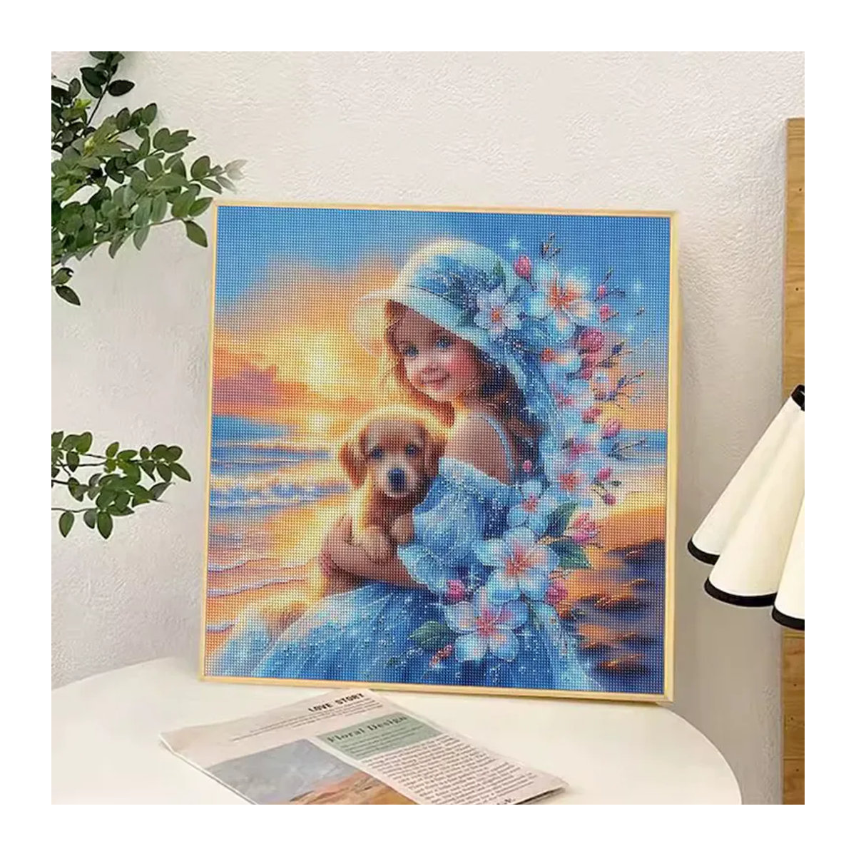 SDOYUNO 5D Diamantgemälde Set Strandmädchen mit Welpe und Blumen, Mehrfarbiges Strass-Mosaik zum Selbermachen für Kinder und Heimdekoration - Bild 2