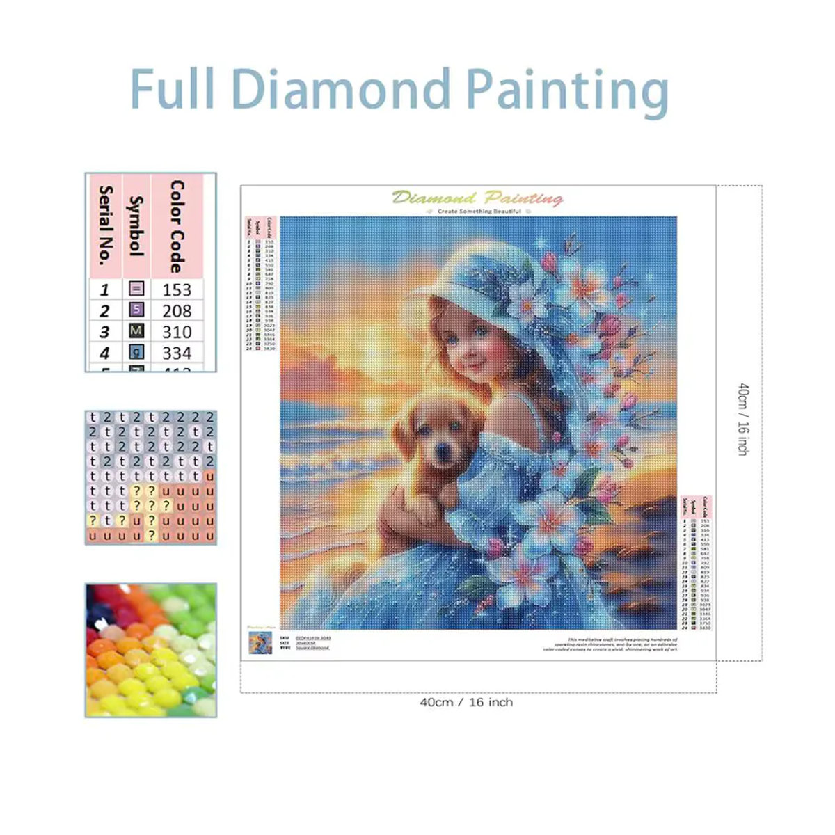 SDOYUNO 5D Diamantgemälde Set Strandmädchen mit Welpe und Blumen, Mehrfarbiges Strass-Mosaik zum Selbermachen für Kinder und Heimdekoration - Bild 3