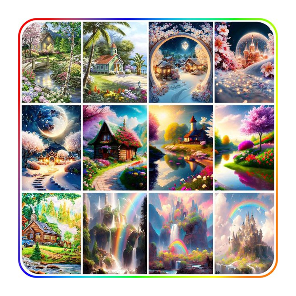 Sdoyuno Diamond Painting Set Landschaft Schloss Landhaus in Mehrfarbig, Rundes Wandkunst Kit mit Kristall-Steinen, Durchmesser: 40 cm - Bild 1