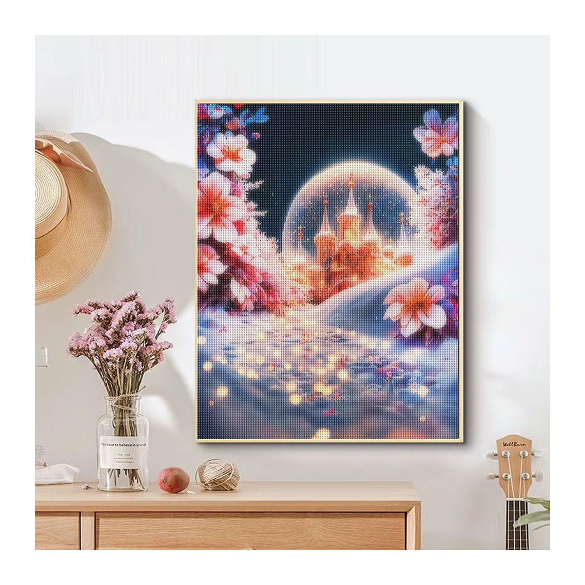Sdoyuno Diamond Painting Set Landschaft Schloss Landhaus in Mehrfarbig, Rundes Wandkunst Kit mit Kristall-Steinen, Durchmesser: 40 cm - Bild 3