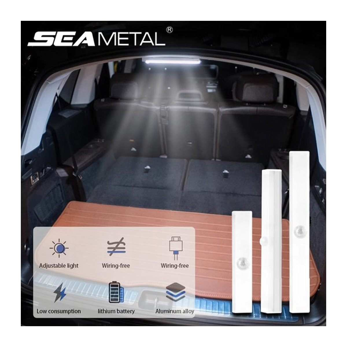 SEAMETAL LED Bewegungsmelder-Licht für das Auto mit USB-Aufladung und einstellbarer Helligkeit für Kofferraum und Haube in minimalistischem Design - Bild 1