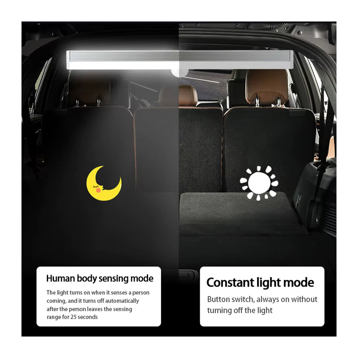 SEAMETAL LED Bewegungsmelder-Licht für das Auto mit USB-Aufladung und einstellbarer Helligkeit für Kofferraum und Haube in minimalistischem Design - Bild 4