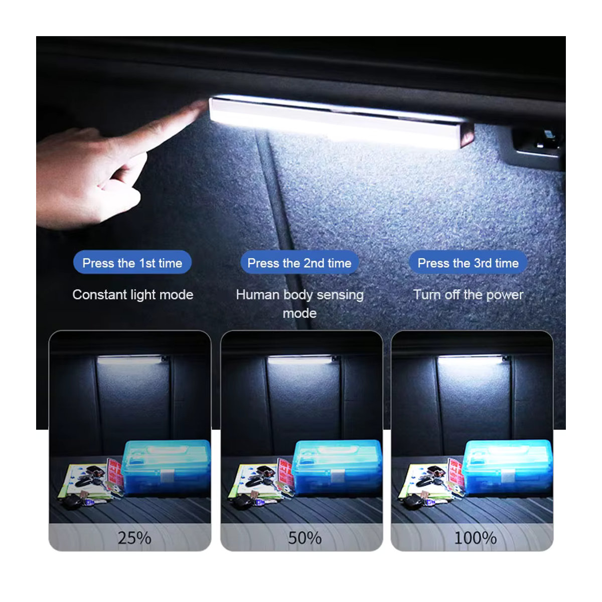 SEAMETAL LED Bewegungsmelder-Licht für das Auto mit USB-Aufladung und einstellbarer Helligkeit für Kofferraum und Haube in minimalistischem Design - Bild 5
