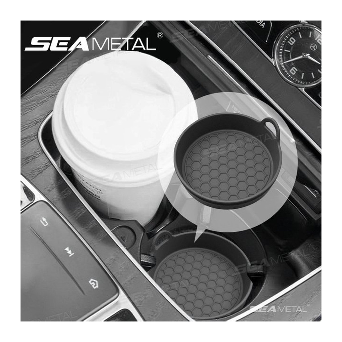 SEAMETAL Rutschfeste Auto-Getränkehalter-Untersetzer aus Silikon in Schwarz, Universelle wasserdichte Becher-Matte mit geometrischem Design - Bild 1