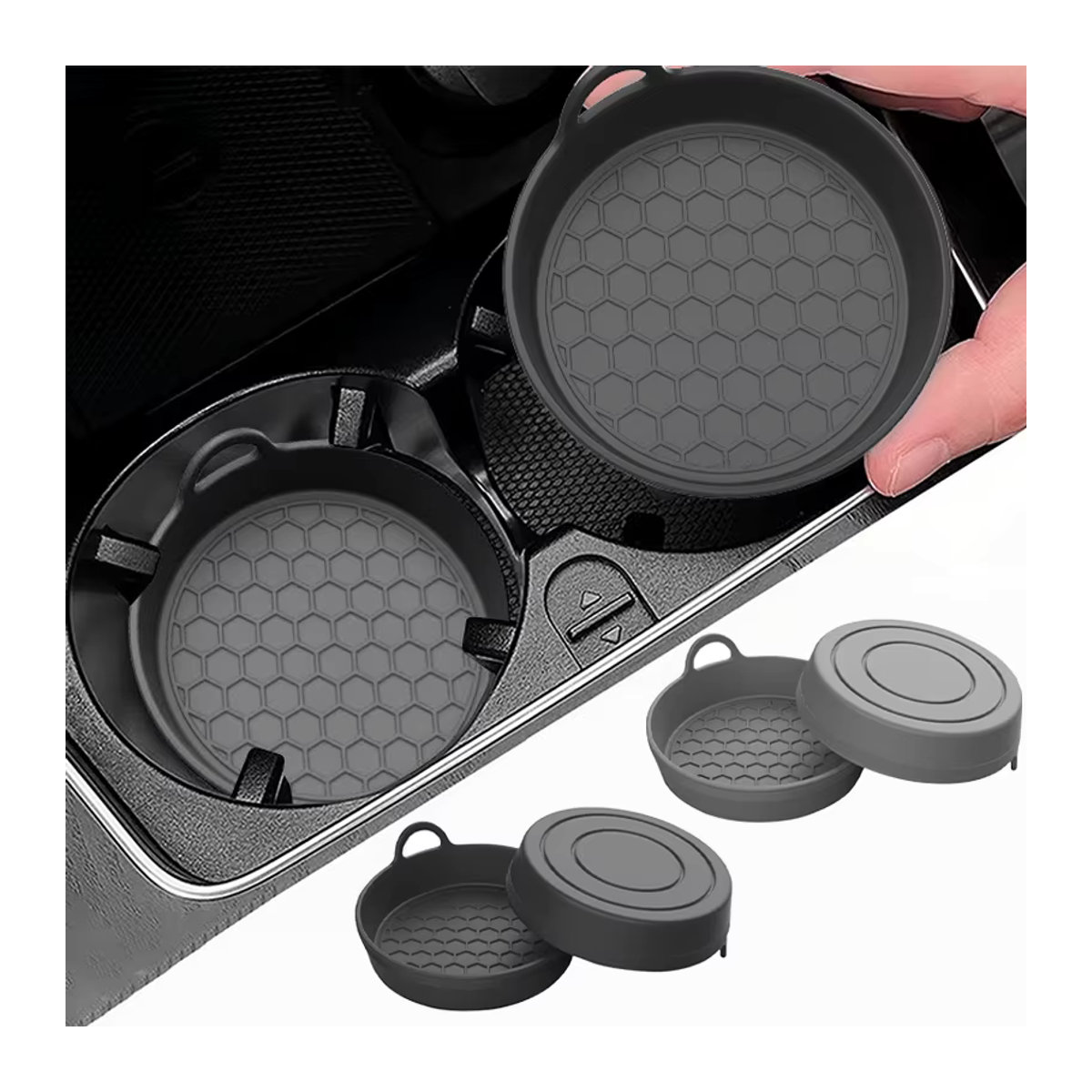 SEAMETAL Rutschfeste Auto-Getränkehalter-Untersetzer aus Silikon in Schwarz, Universelle wasserdichte Becher-Matte mit geometrischem Design - Bild 2