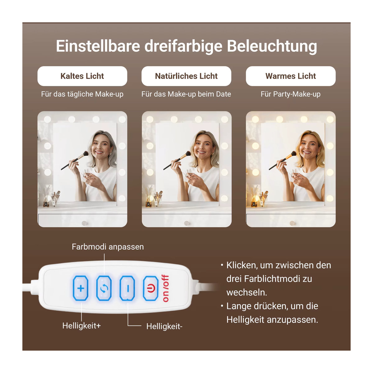 Seang Schminktisch mit LED-Beleuchtung und Spiegel in Weiß mit 7 Schubladen und 4 offenen Ablagen - Bild 5