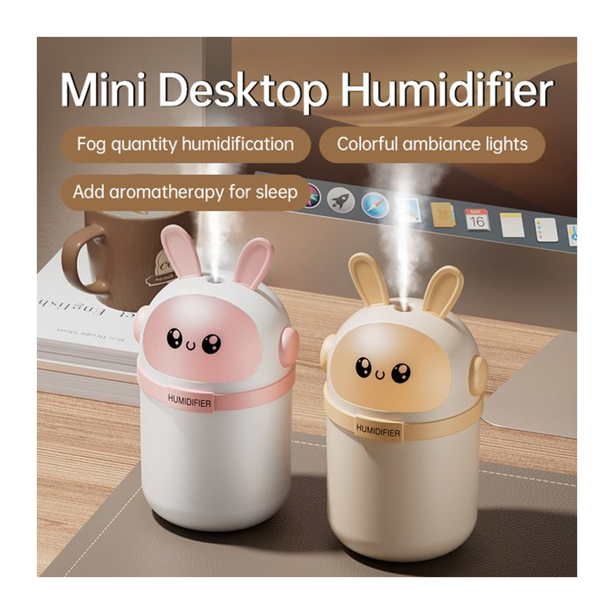 Searide Mars Rabbit Mini-Luftbefeuchter mit Aroma-Diffusor und Farblichtern, Rosa/Mehrfarbig, 180 ml - Bild 1