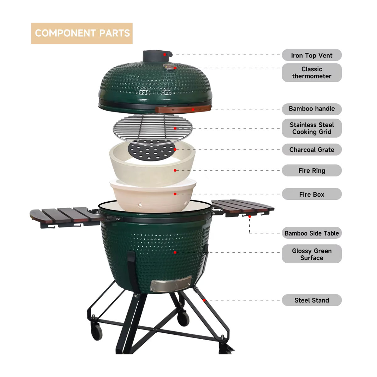 SEB Kamado-Grill aus Keramik für den Außenbereich, 26 Zoll, Grün, Holzkohle-BBQ-Grill - Bild 3