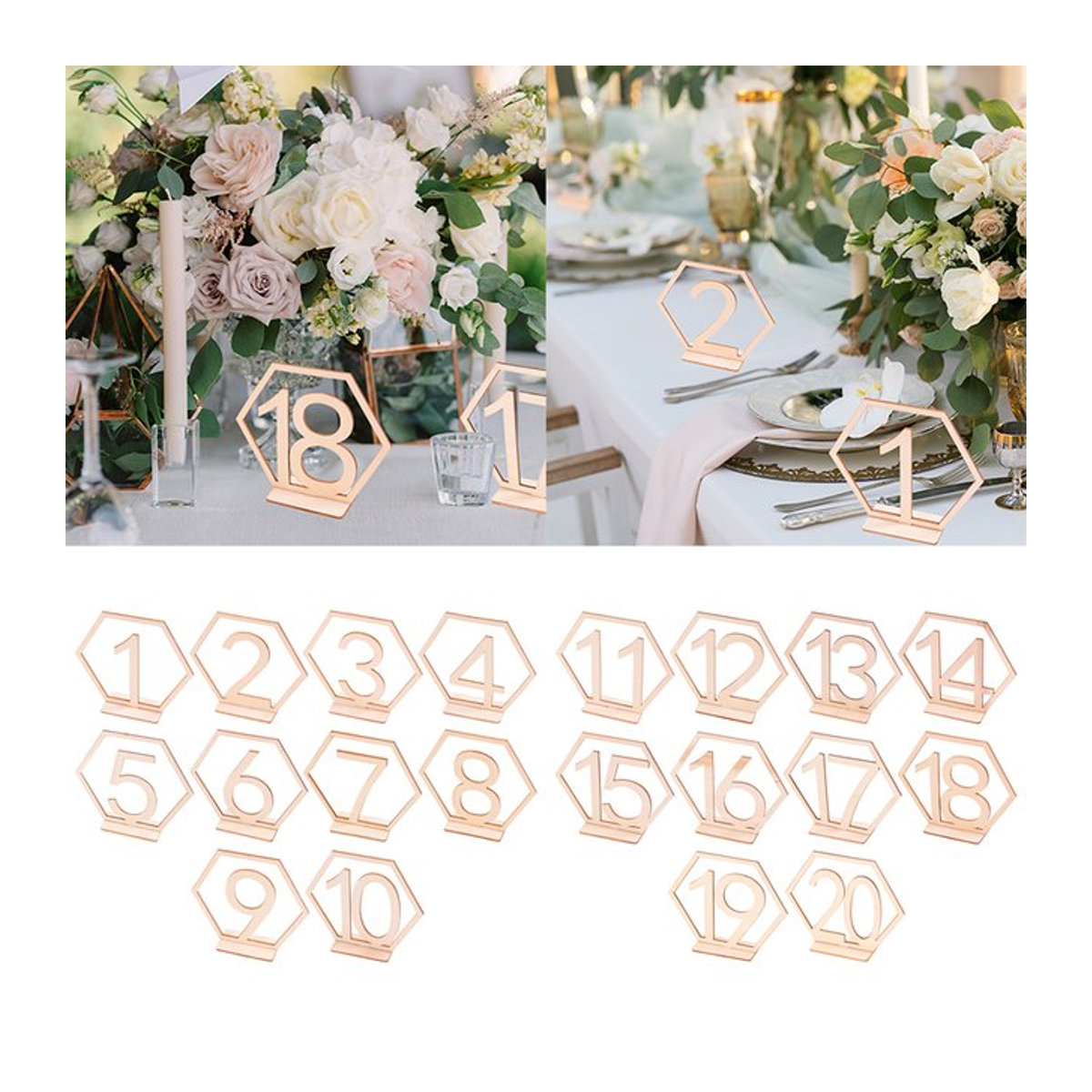 Sechseckige Tischkartenhalter aus Holz mit Zahlen 1-20 in Gold für Hochzeit und Geburtstag als moderne Dekoration - Bild 1