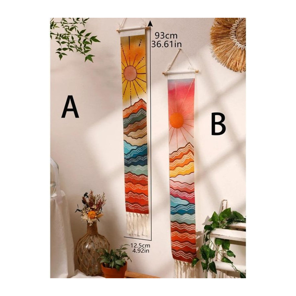 SEEQS Makramee Wandbehang mit Berg- und Sonnenuntergang Motiv in Boho-Stil, mehrfarbig, quadratisch - Bild 1