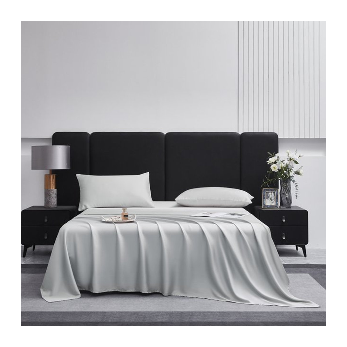 Seidenartiges Flachbettlaken aus Bambus-Lyocell in Grau, kühlende Matratzenauflage für US Queen, B: 228 cm, L: 259 cm - Bild 1