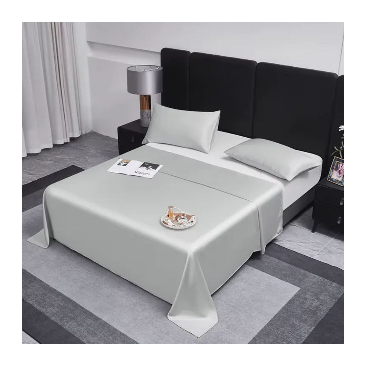 Seidenartiges Flachbettlaken aus Bambus-Lyocell in Grau, kühlende Matratzenauflage für US Queen, B: 228 cm, L: 259 cm - Bild 3