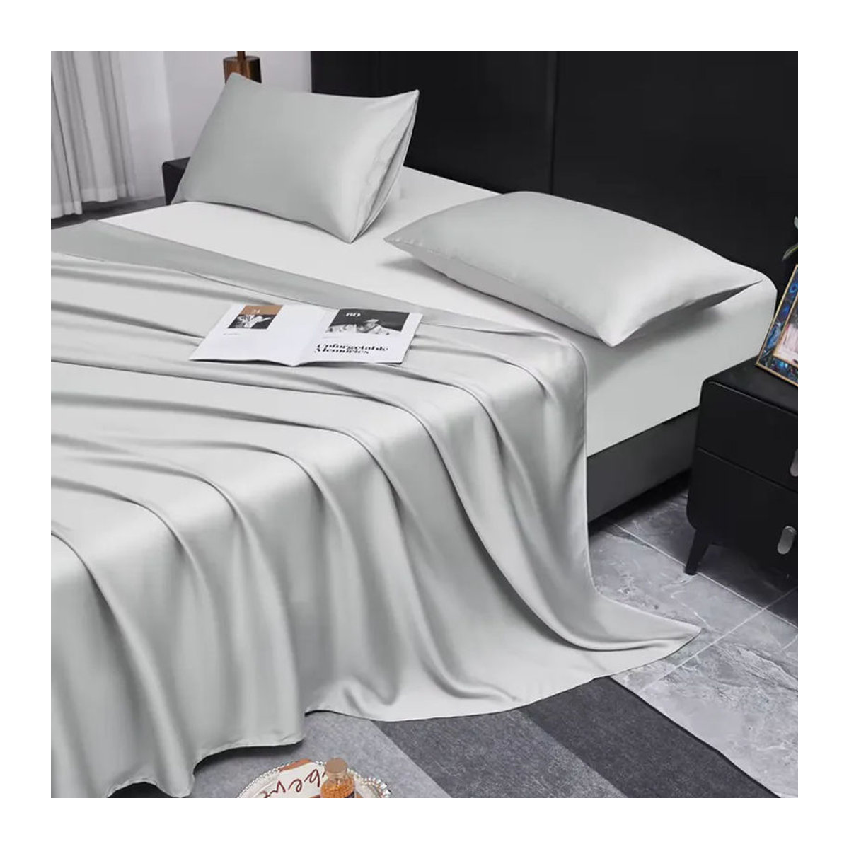 Seidenartiges Flachbettlaken aus Bambus-Lyocell in Grau, kühlende Matratzenauflage für US Queen, B: 228 cm, L: 259 cm - Bild 4