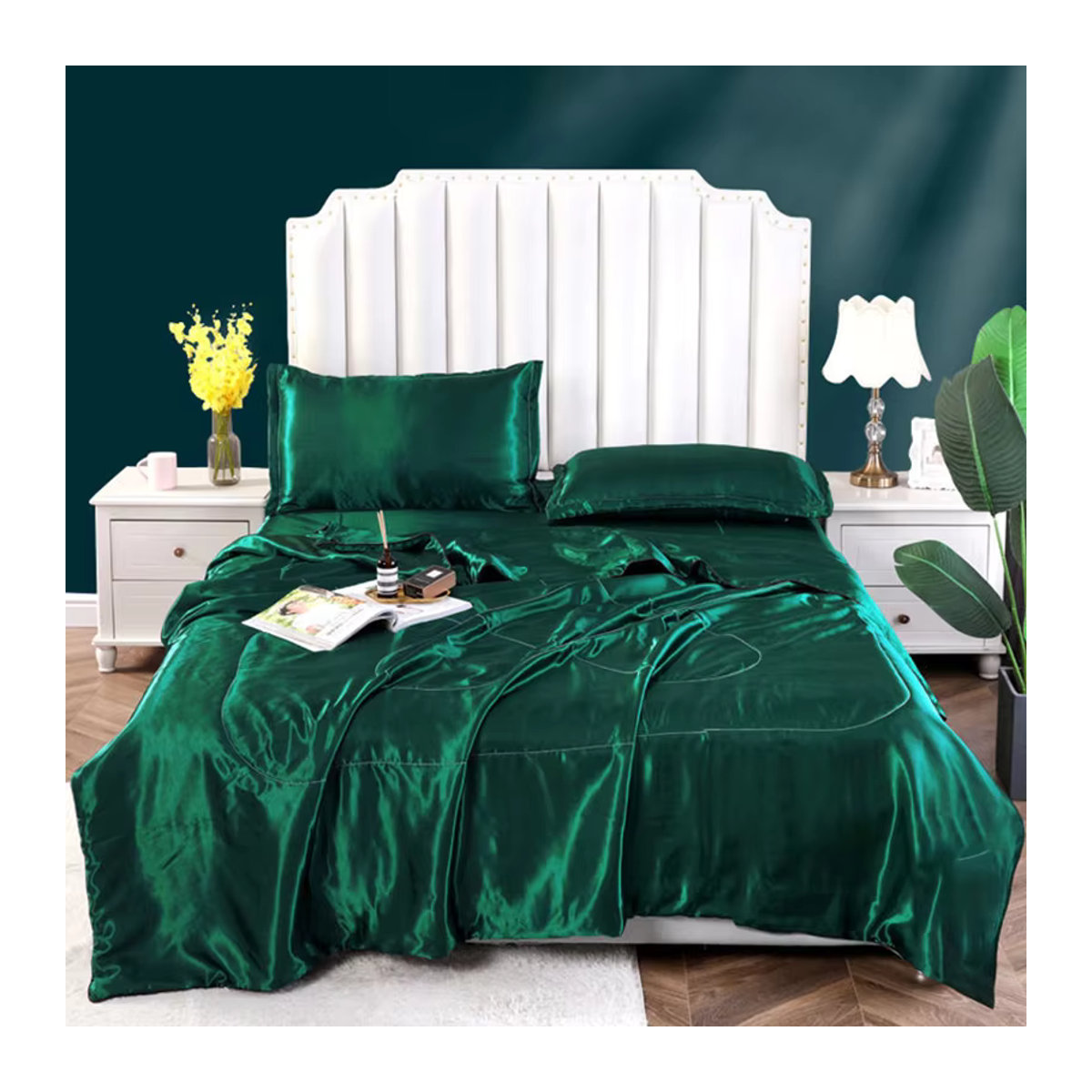 Seidige Steppdecke aus Satin in Grün für Queen-Size-Betten, leichte Frühlings- und Sommerbettdecke für warmes Klima - Bild 2