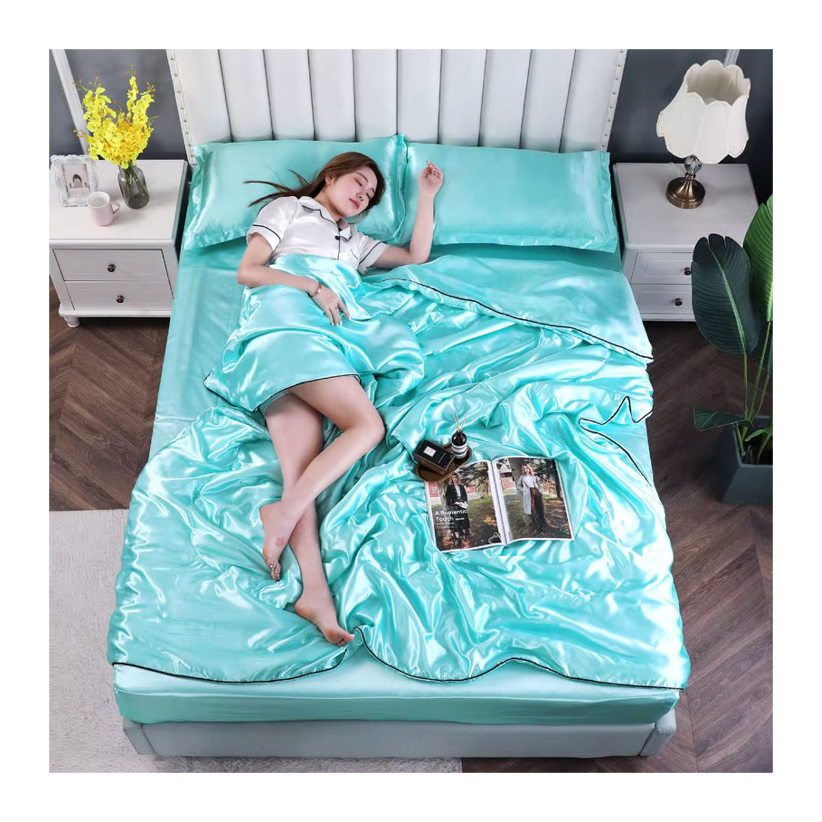 Seidige Steppdecke aus Satin in Grün für Queen-Size-Betten, leichte Frühlings- und Sommerbettdecke für warmes Klima - Bild 4