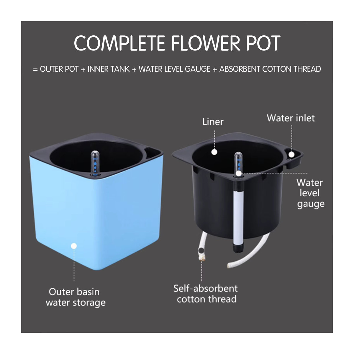 Selbstbewässernde Pflanztöpfe von ACRDDK mit Wasserstandsmesser, runder Blumentopf aus Kunststoff in Blau - Bild 2