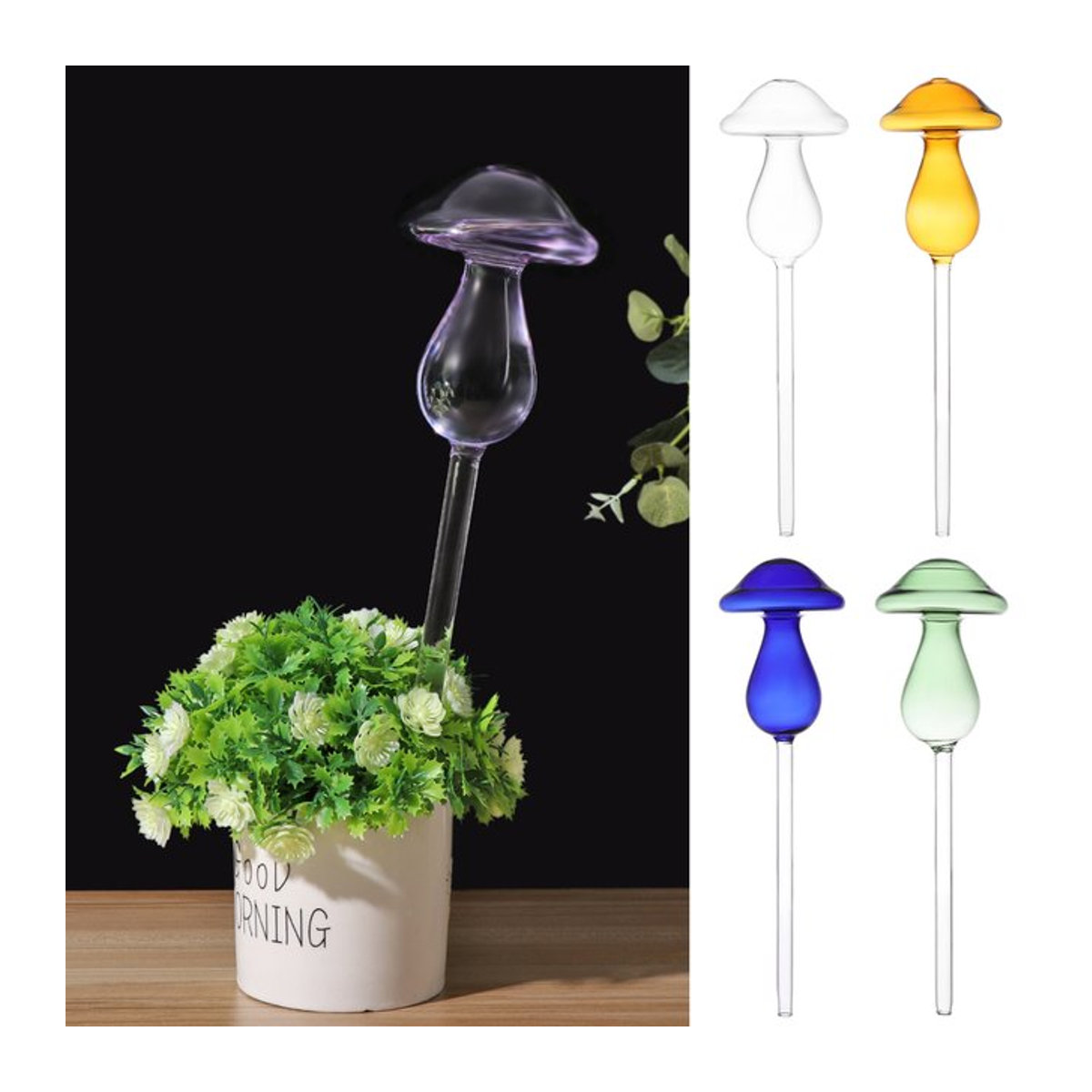 Selbstbewässerungssystem aus Glas im Pilz-Design für Pflanzen und Blumen, mehrfarbig und transparent - Bild 1