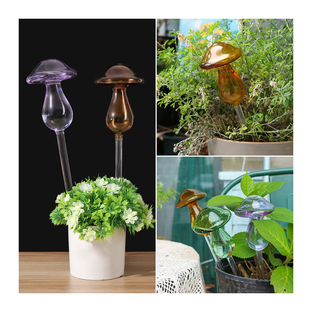 Selbstbewässerungssystem aus Glas im Pilz-Design für Pflanzen und Blumen, mehrfarbig und transparent - Bild 2