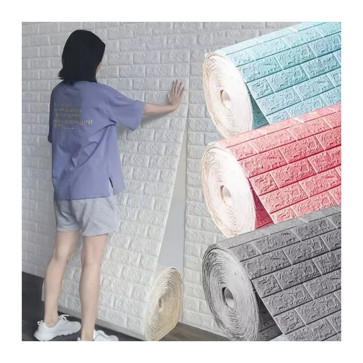 Selbstklebende 3D Ziegelstein Wandaufkleber aus Schaumstoff in Schwarz und Beige für eine moderne Wanddekoration - Bild 3