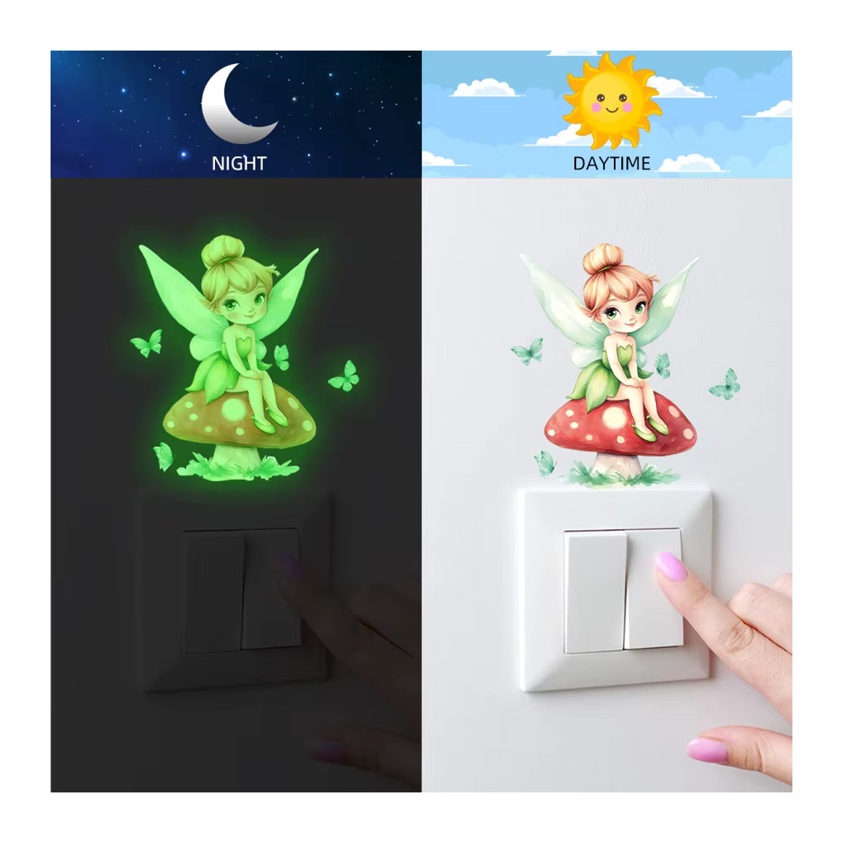 Selbstklebende BRUP Schalter-Aufkleber mit leuchtenden Feen und Schmetterlingen in Grün für das Kinderzimmer - Bild 2