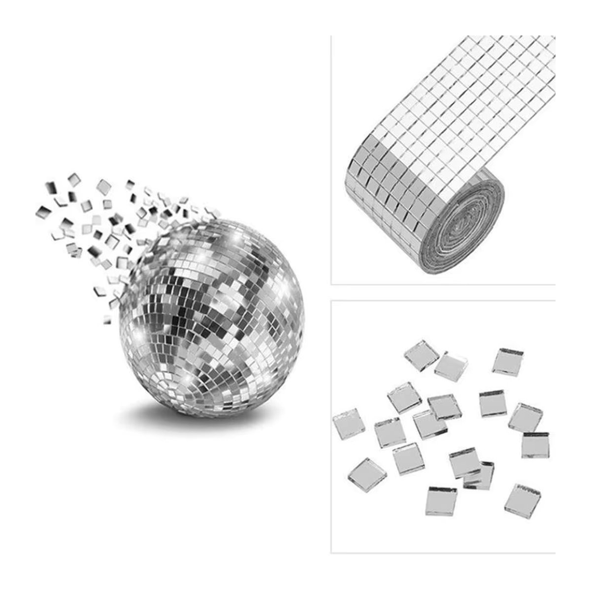 Selbstklebende Disco Kugel Mosaik Fliesen aus Glas in Silber für DIY Wanddekoration und Deckenverkleidung - Bild 1