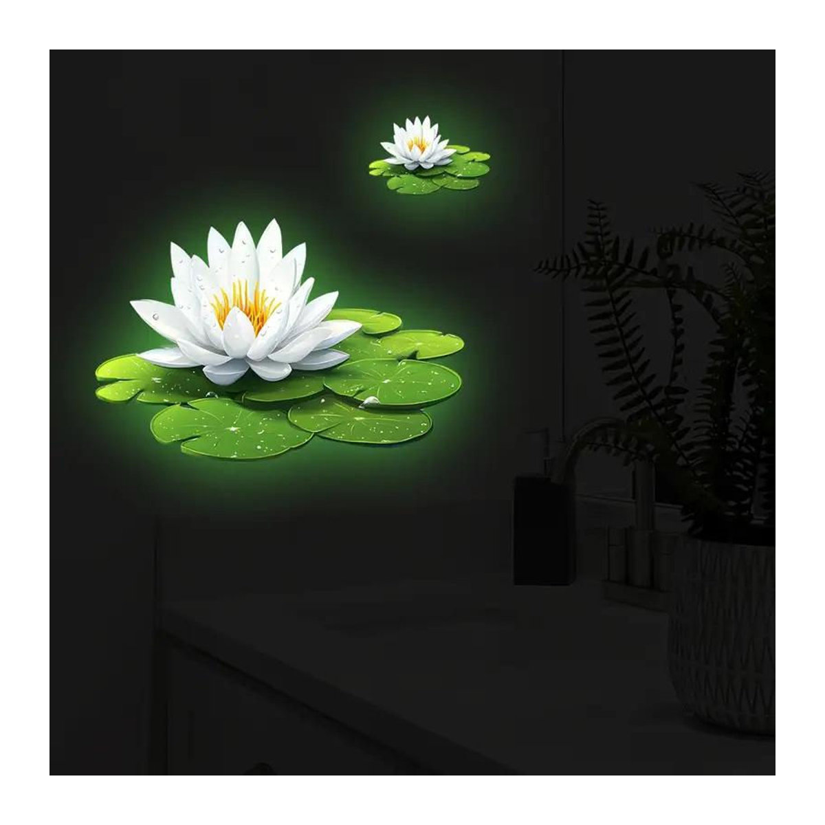 Selbstklebende Lotus Wandaufkleber für das Badezimmer im Dunkeln leuchtend, florale Dekoration aus Kunststoff in Grün - Bild 2