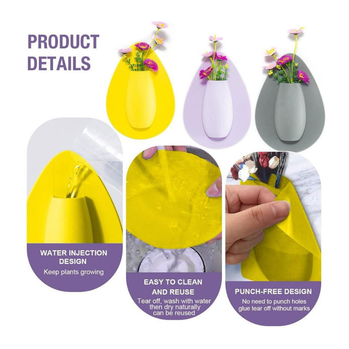 Selbstklebende Silikon-Blumenvase in Gelb für Hydrokultur und Wandmontage, minimalistisches Pflanzgefäß für Schnittblumen zur Dekoration - Bild 5