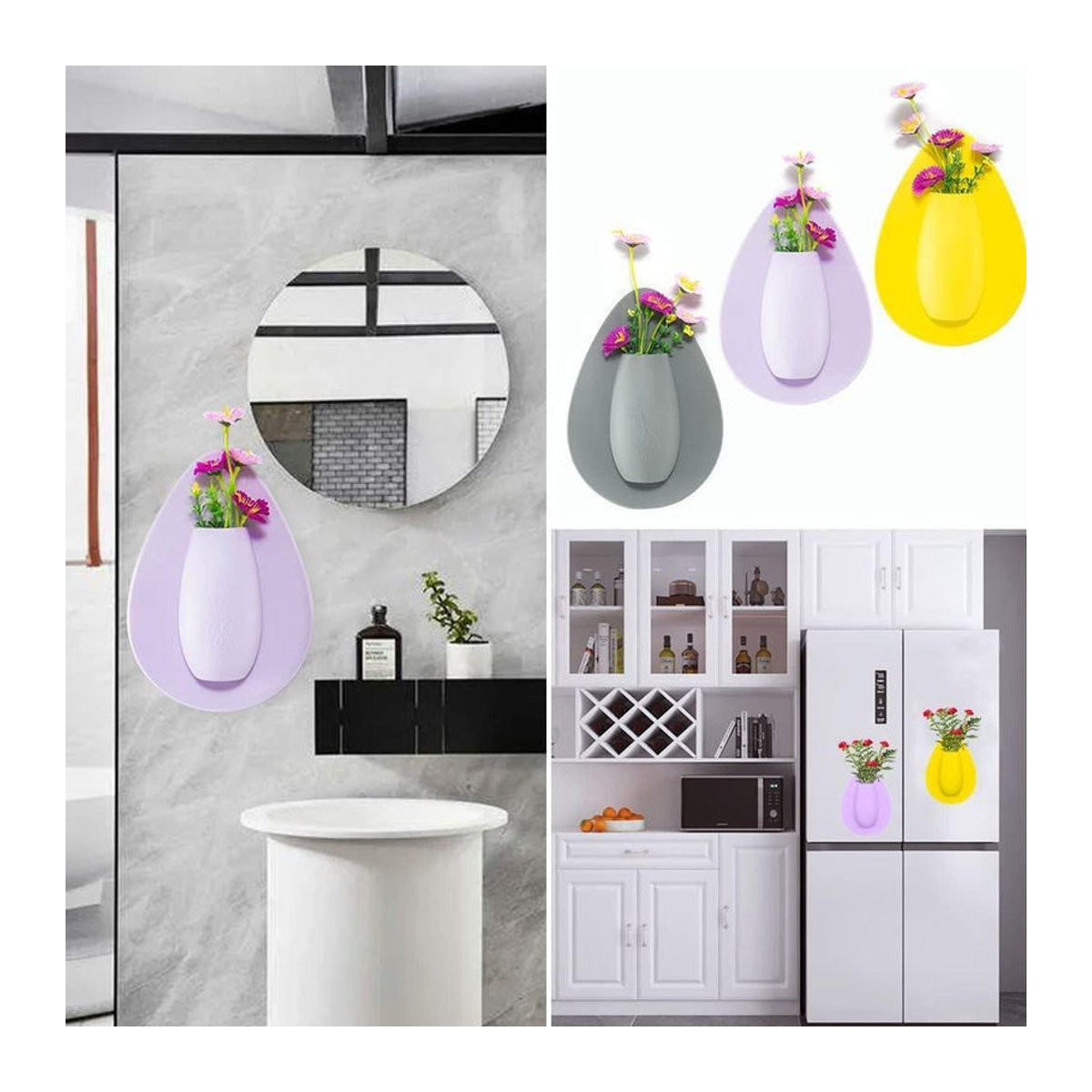 Selbstklebende Silikon-Blumenvase in Gelb für Hydrokultur und Wandmontage, minimalistisches Pflanzgefäß für Schnittblumen zur Dekoration - Bild 6