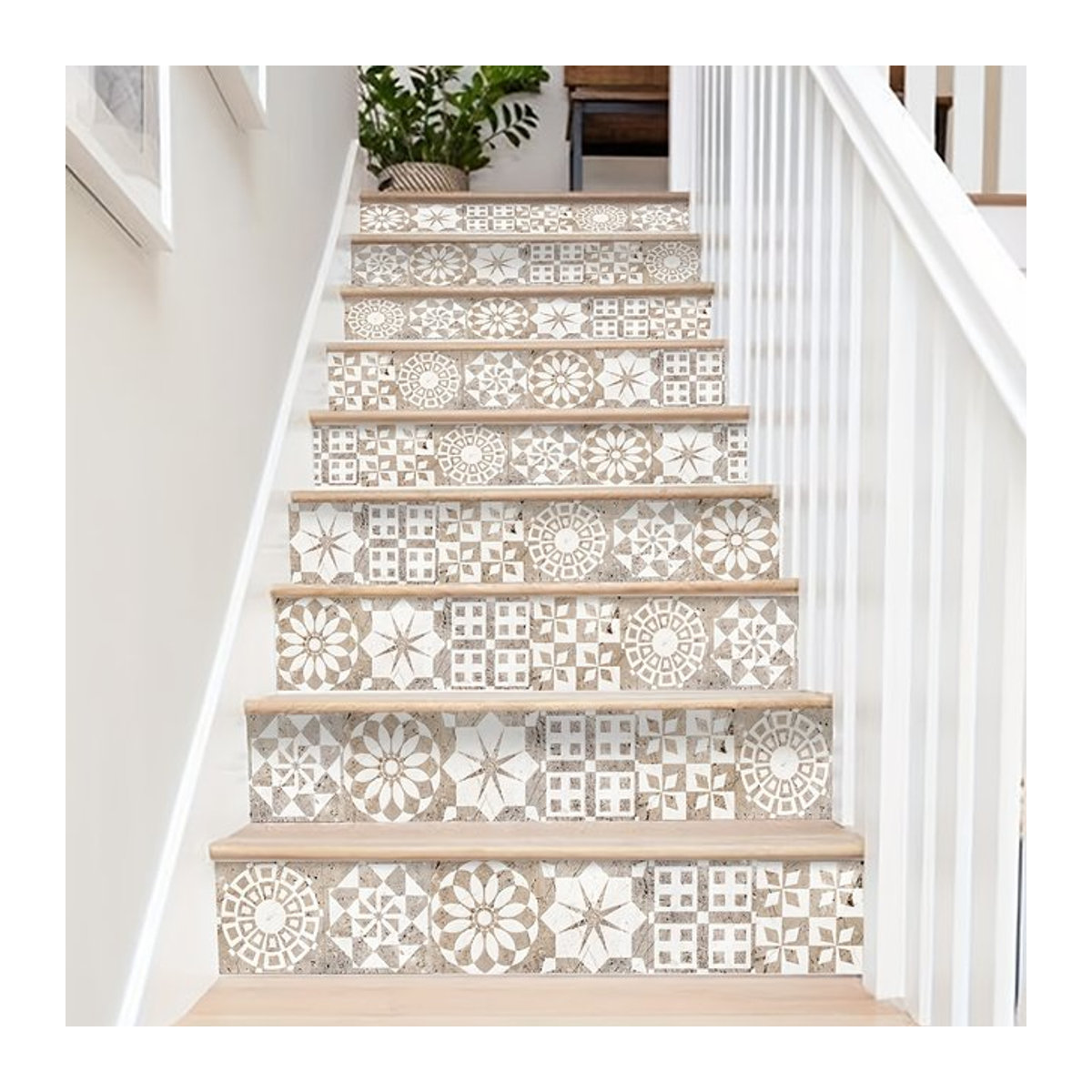 Selbstklebende Treppenaufkleber mit geometrischem Bohemian-Muster in Beige, wasserdichte Wandaufkleber für deine Heimdekoration - Bild 1