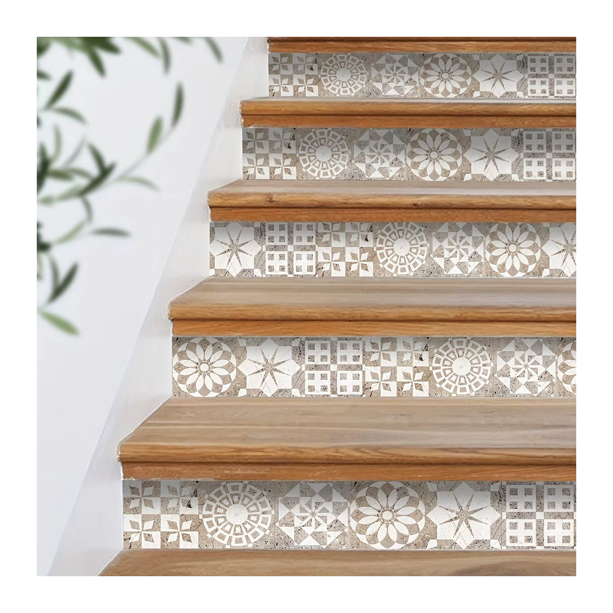 Selbstklebende Treppenaufkleber mit geometrischem Bohemian-Muster in Beige, wasserdichte Wandaufkleber für deine Heimdekoration - Bild 2