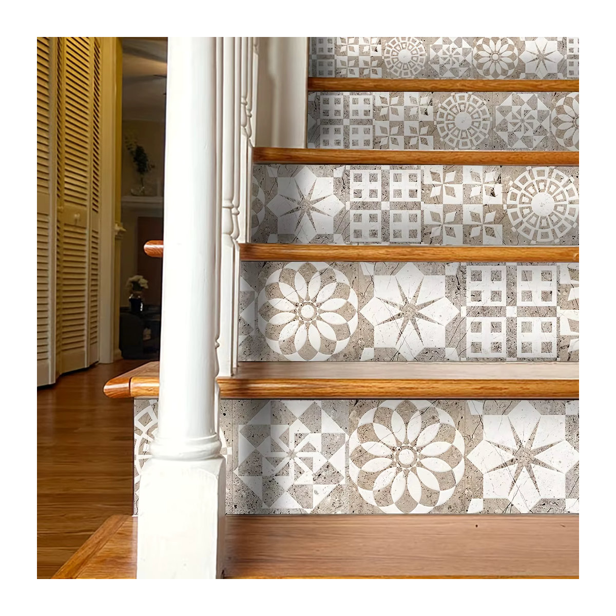 Selbstklebende Treppenaufkleber mit geometrischem Bohemian-Muster in Beige, wasserdichte Wandaufkleber für deine Heimdekoration - Bild 3