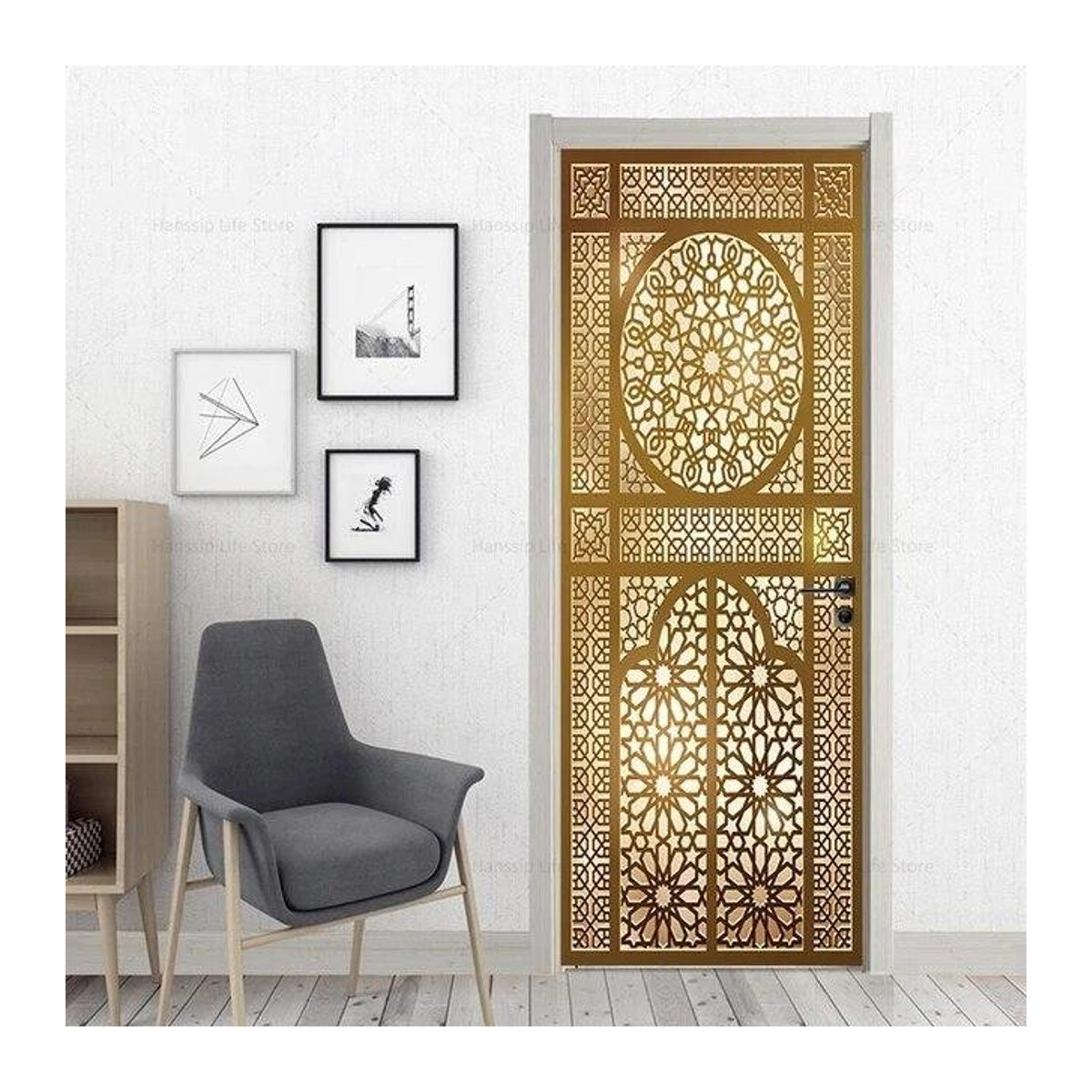 Selbstklebender 3D-geometrischer Türaufkleber von Sticker House in Gold, moderne abstrakte Wanddekoration aus Vinyl, Breite: 40 cm, Höhe: 120 cm - Bild 1