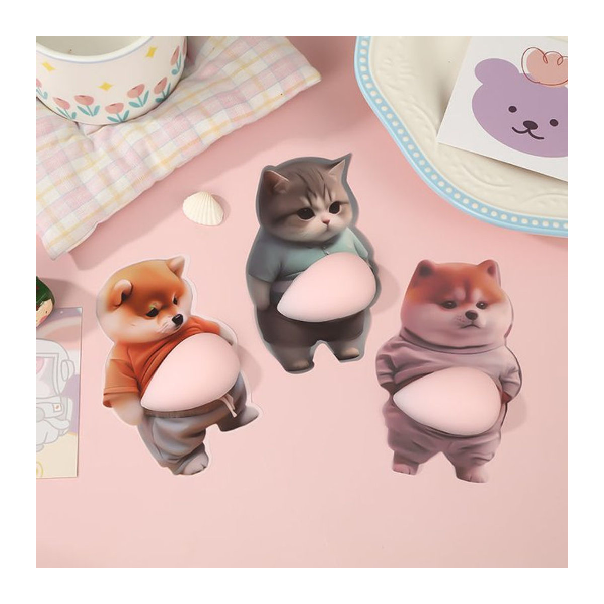 Selbstklebender 3D Shiba Inu Hundebauch-Aufkleber von UNIQUEFORYOU in Orange und Rosa aus Silikon - Bild 1