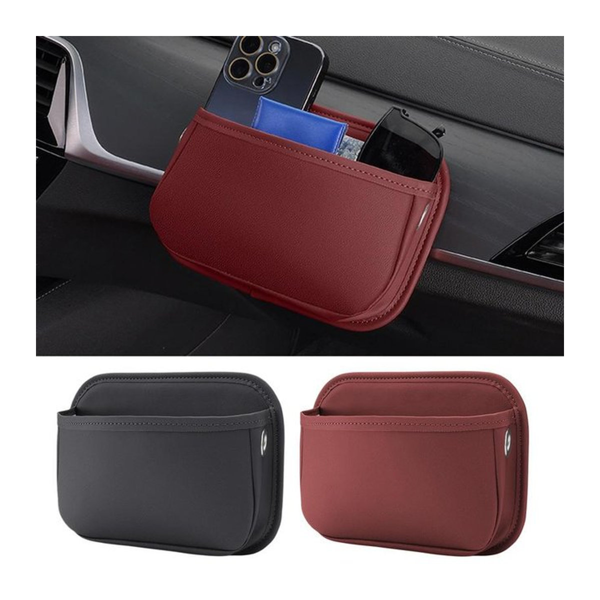 Selbstklebender Auto-Taschen-Organizer aus Leder in Schwarz für Telefon, Brillen und Schlüssel - Bild 1