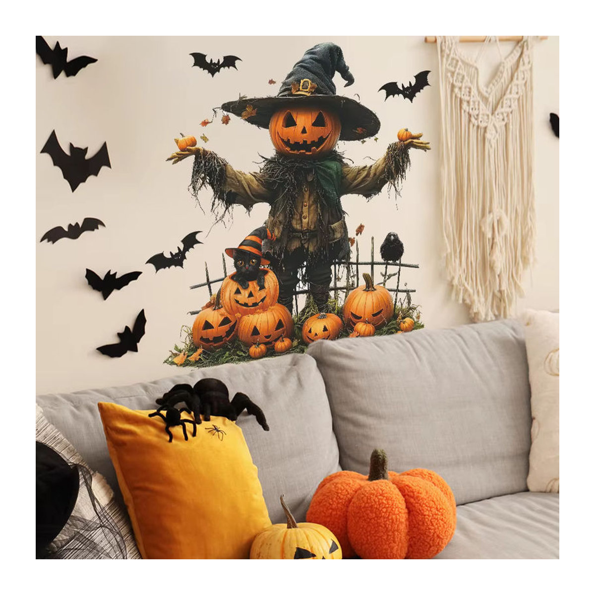 Selbstklebender Halloween Wandaufkleber mit Kürbis, Vogelscheuche und Fledermaus für Wohnzimmer und Schlafzimmer, mehrfarbig - Bild 3