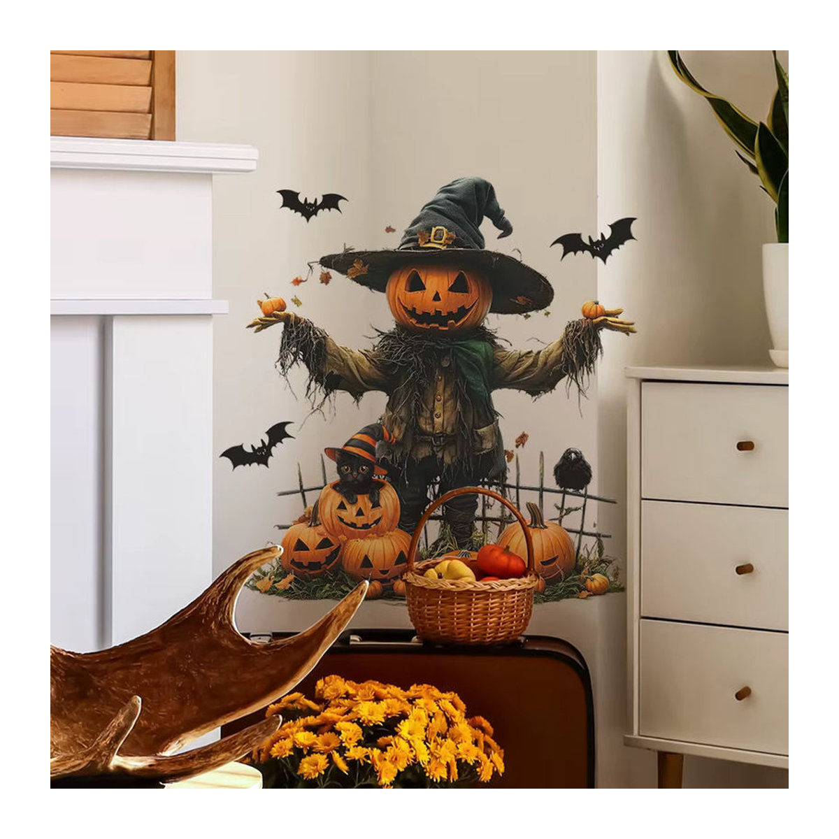 Selbstklebender Halloween Wandaufkleber mit Kürbis, Vogelscheuche und Fledermaus für Wohnzimmer und Schlafzimmer, mehrfarbig - Bild 4